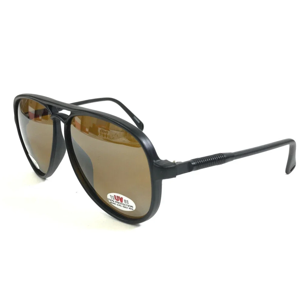 Vintage Supervision Sunglasses Matte Black Pilot Frames with Brown Lenses